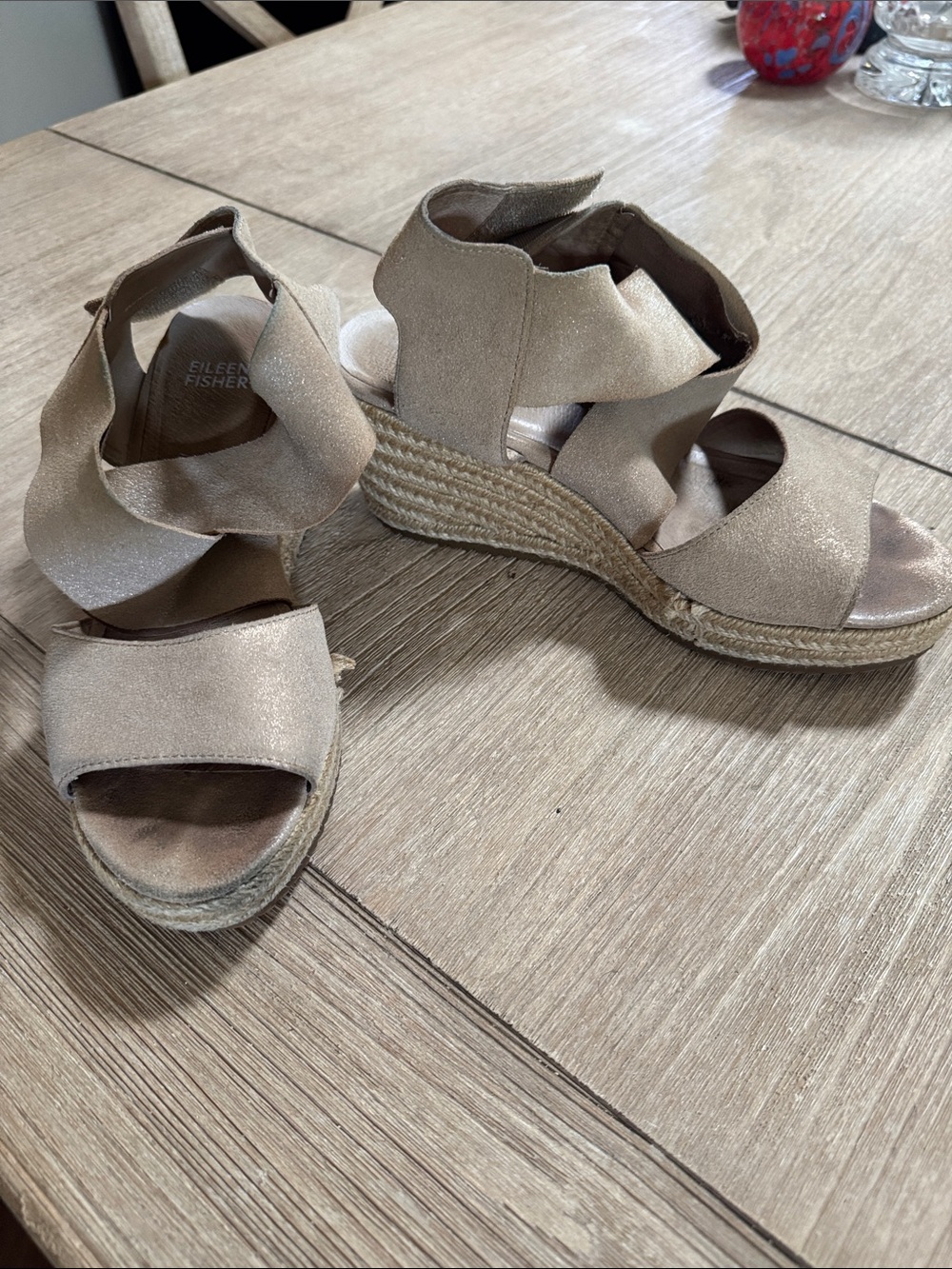 Eileen Fisher Shimmery Taupe Wedge Sandals with Espadrille Sole size 7